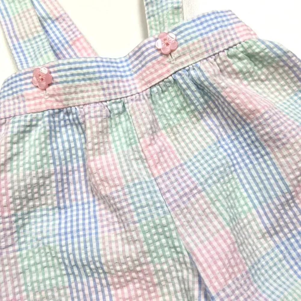 Vintage Pants Girls Size 24m Pastel Plaid Suspender Seersucker Overalls
